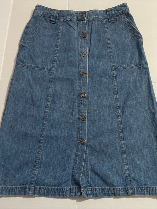 Vintage Christopher & Banks Modest Button Front Long Denim Skirt 8 - Picture 2 of 9